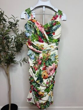 Dolce & Gabbana Cream Floral Ruched V-Neck Midi Dress